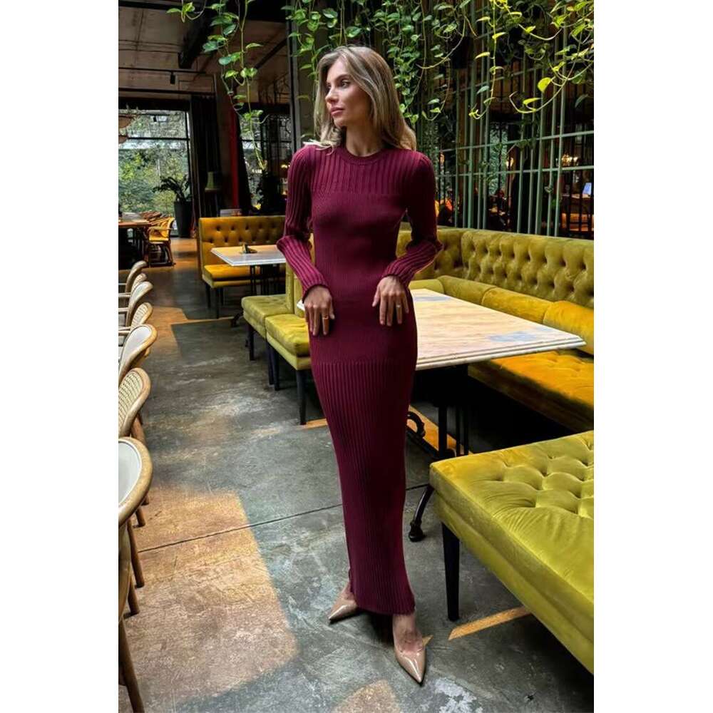 White Dress Maxi Dress Long Sleeved Autumn And Winter Woolen Women, Knitted Round Neck, Pit Stripe, Solid Color, Tight Fitting Dress For Women KQ