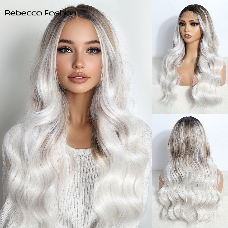 Rebecca Fashion 22 Inch Brown Ombre Blonde Wig for Women Synthetic lace Front Wavy wigs, Easy to Wear, Straight Style for Festival