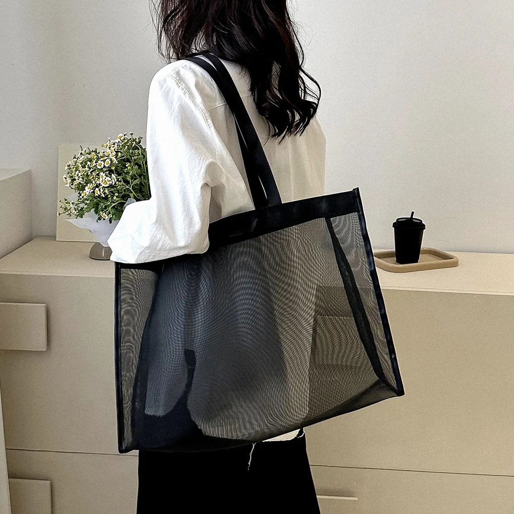 Fashion Large Capacity Mesh Shoulder Bag with Solid Color Top Handle for Summer Vacation Travel and Shopping 250515