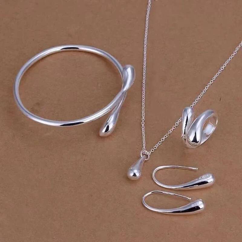 4Pcs Sterling Sier Water Drop Earring Ring Bracelet For Women Elegant Four-Piece Jewelry Set Party Wedding Gift
