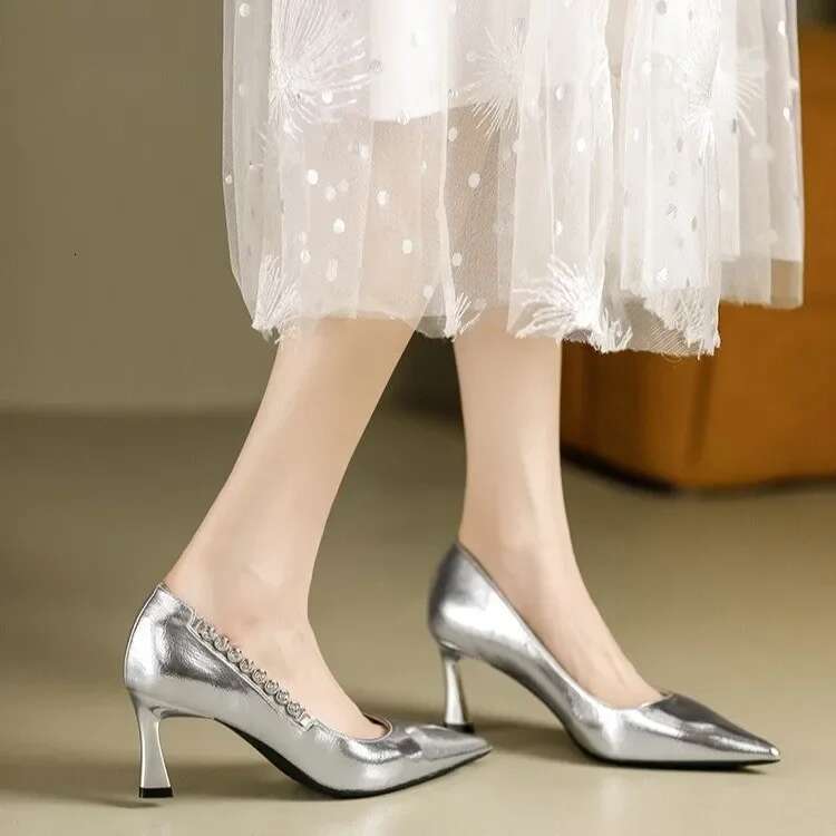 Gold Sier Women Glossy High Heels Fashion Pointed Toe Slip on Stiletto Pums Solid Formal Dress Shoes Plus Size