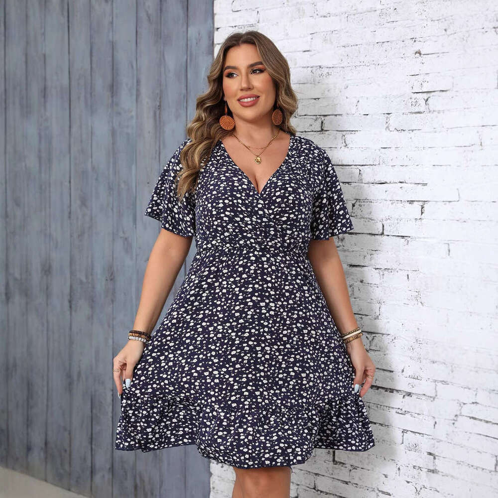 Plus Size Vestidos Elegantes Women Dresses Womens Designer Clothing Maxi Dress for Women Large Size Womens Sun Summer Floral Short Sleeved Wrapped V-n
