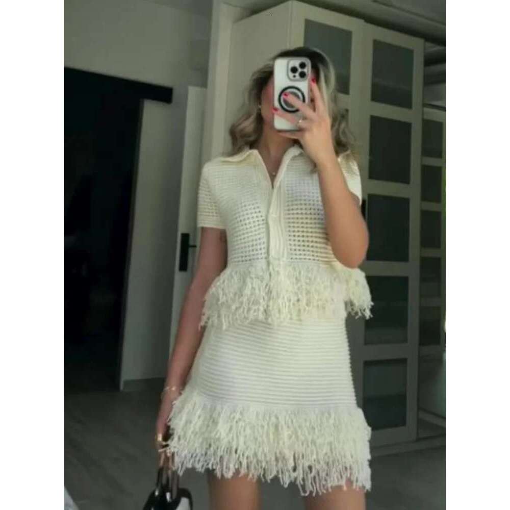 Tassels Knitted Hollow Out Cardigans Skirt Suits Women Single Breasted Lapel Top Mini Skirts Sets Female 2025 Spring Chic Outfit