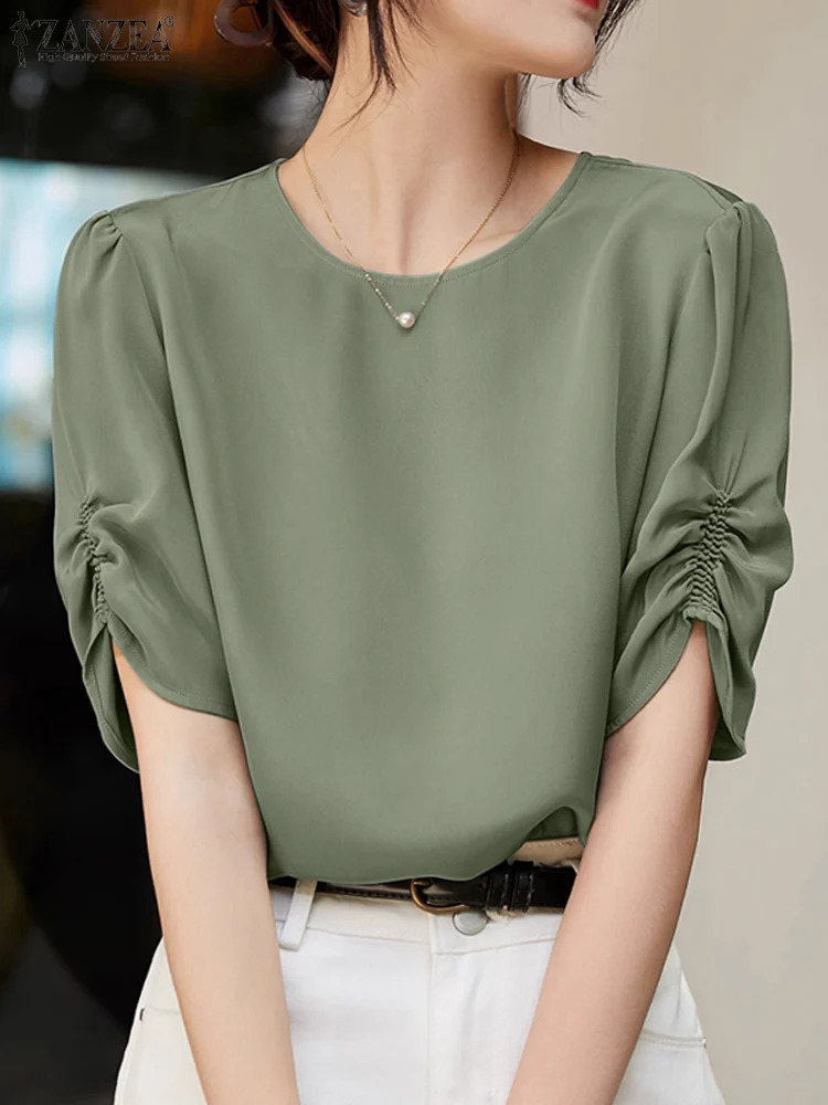 ZANZEA Solid Casual Office Work Tops Fashion Summer Short Sleeve Blouse Women Elegant Loose Party Blusas OL Shirt Chemise 250514
