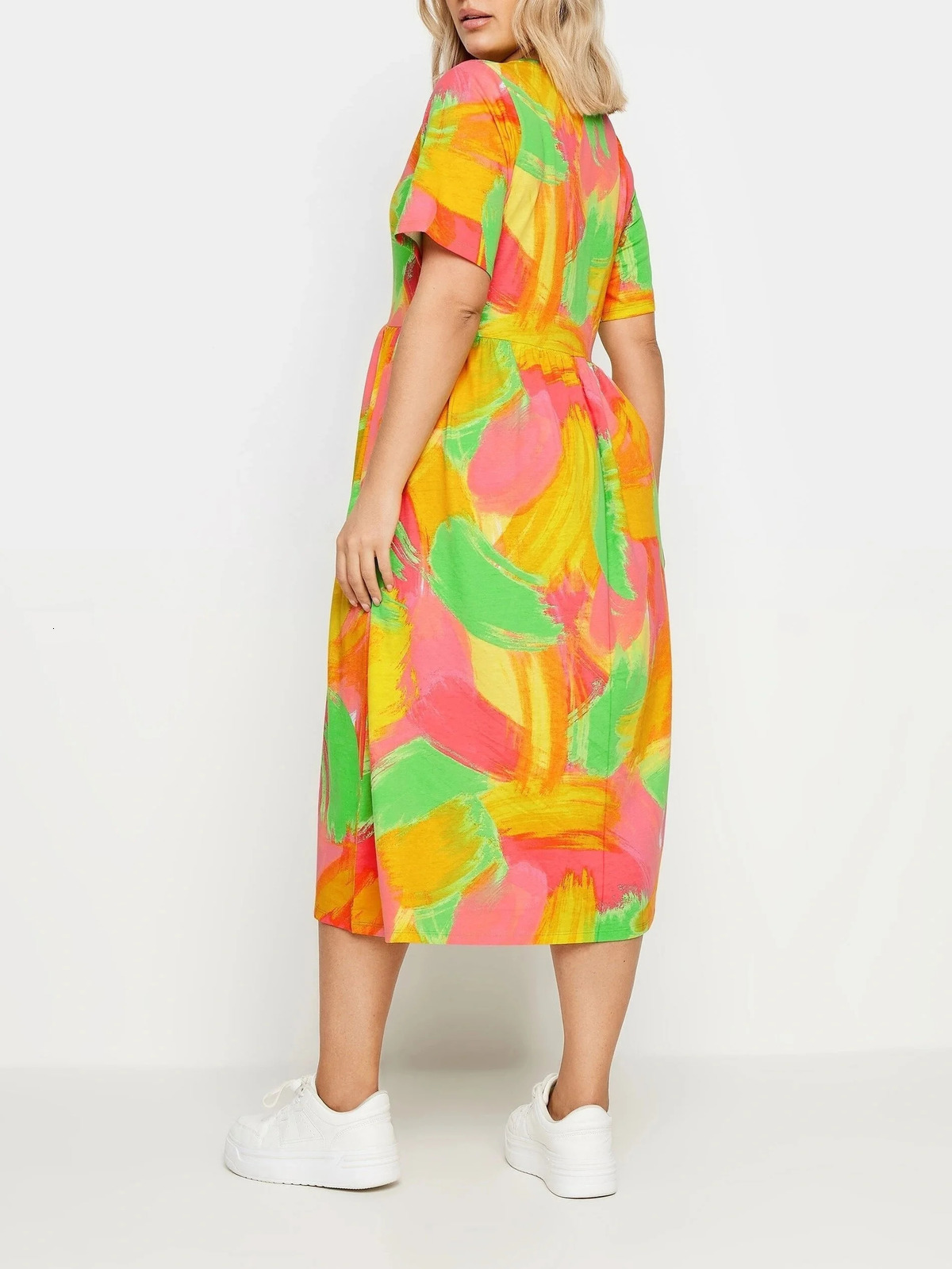 Plus Size Womens Rainbow Print Dress Waist Pleats Bright Colors Stylish Girly Style Knitted Fabric Cool And Breathing Summer 250515