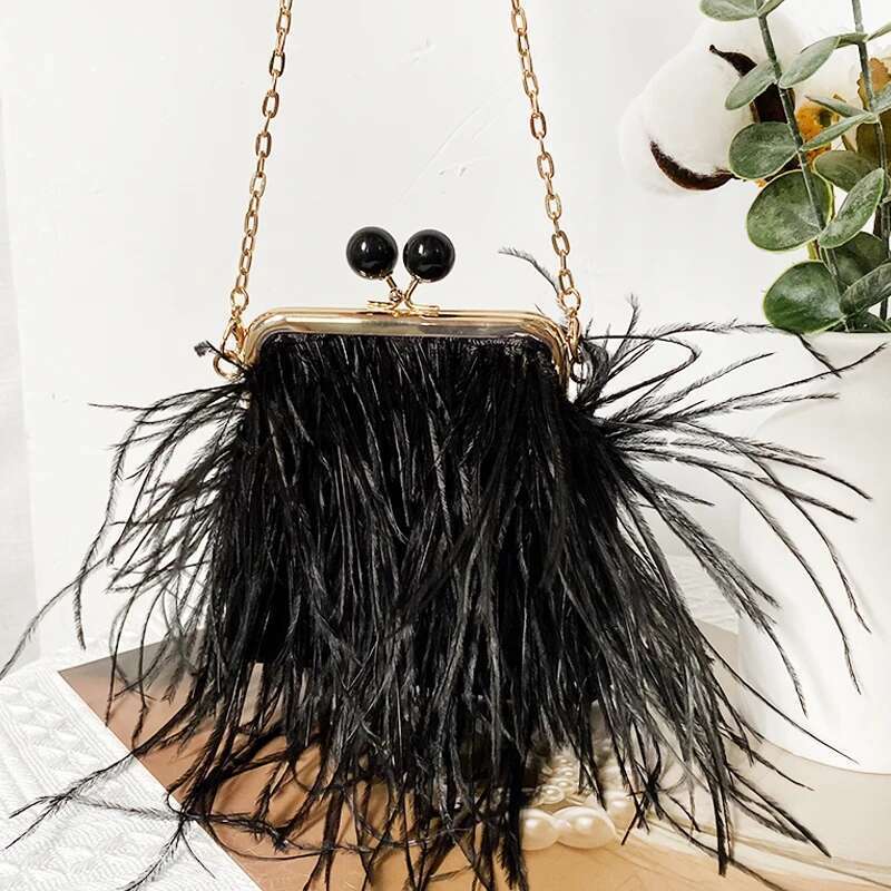 Women Mini Ostrich Feather Clutch Fur Evening Chain Purse Party Ladies Elegant Banquet Bag