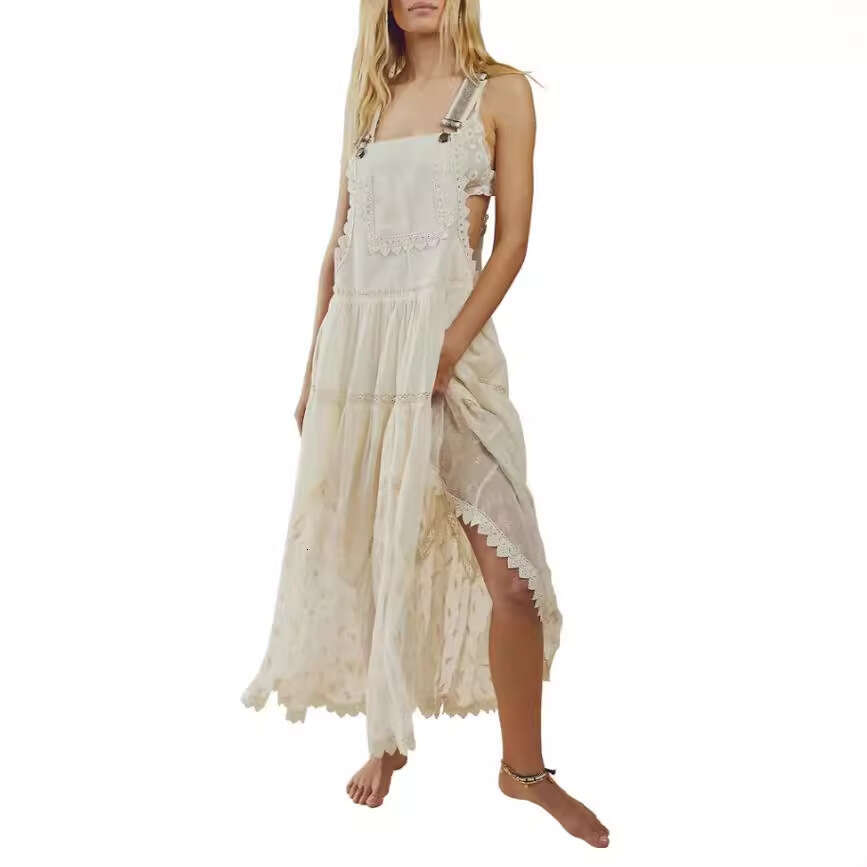 2024 Women's Casual Lace Embroidered Long Dress with Adjustable Shoulder Straps and Flowing Skirt