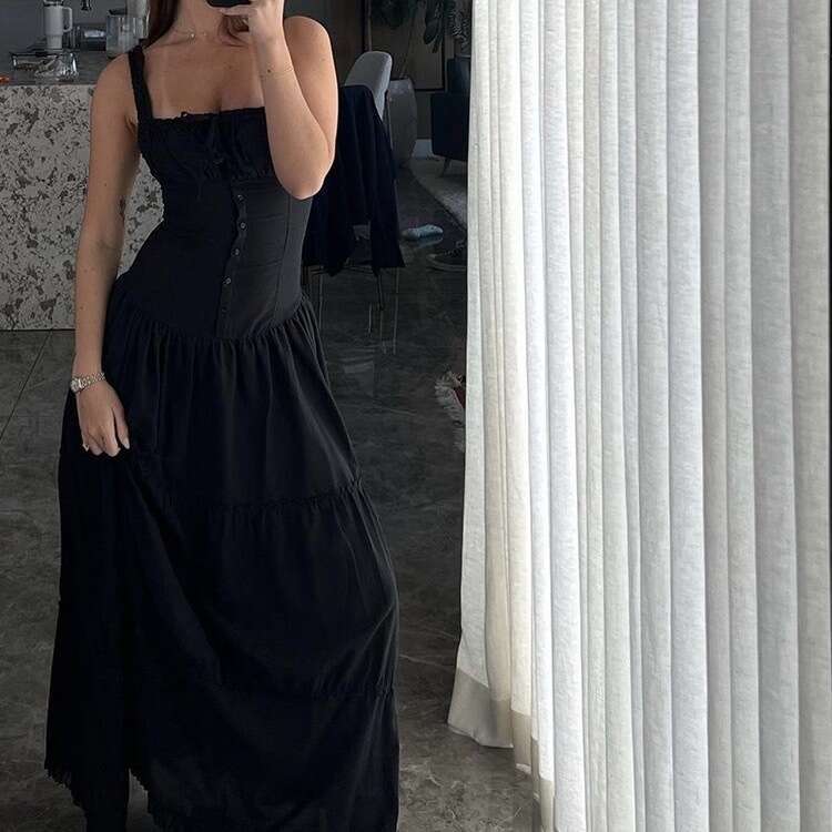 White Dress Maxi Dress Summer New Lazy Vacation Style Pleated Edge Front Button Design Extra Long High-End Goddess Dress, Big Swing Skirt KQ