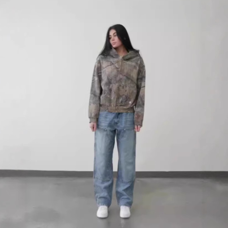 Streetwear Camouflage Two Piece Set Y2K Zipper Loose Sports Pants Casual Wide Leg Pants