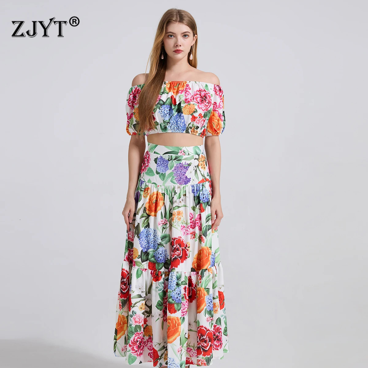ZJYT Summer Holiday Beach Two Piece Dress Sets Women Runway Fashion Floral Print Slash Neck Top and Long Skirt Suit Outfit 250515