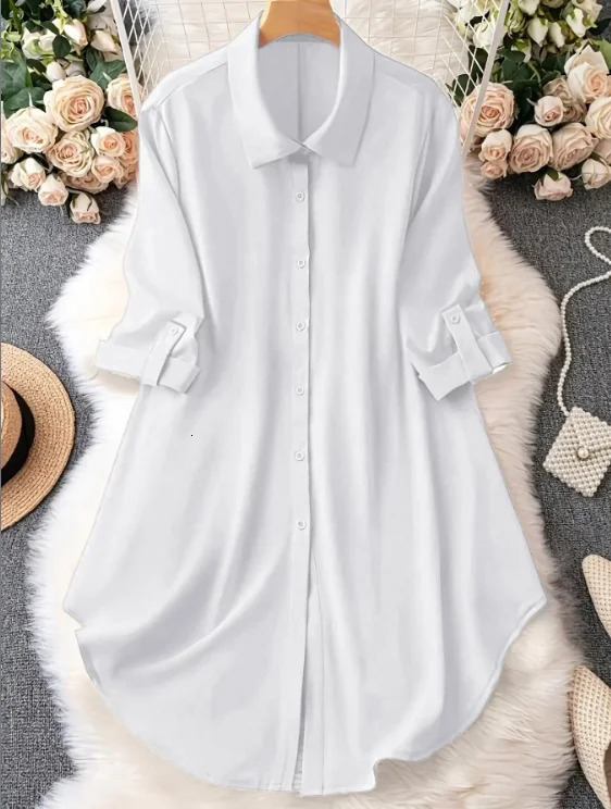 Plus Size 1XL5XL Fashion Womens Solid Color RollUp Sleeves TurnDown Collar Blouse Ladies ButtonUp Casual Chic Top Shirt 250515