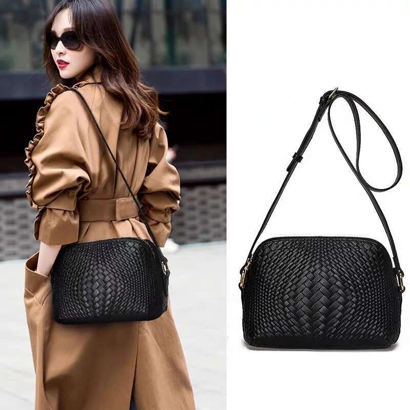 Aidrani Casual Versatile Genuine Leather Women's With Black Braided Cowhide Single Shoulder Crossbody Bag