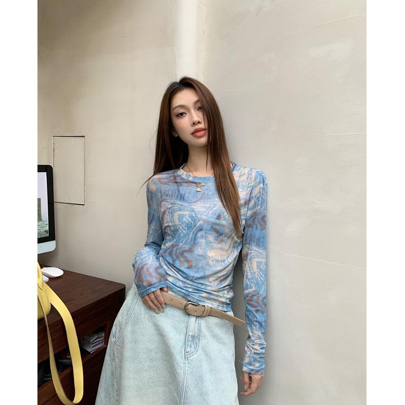 French-style hot girl netted long-sleeved sun-protective strapless t-shirt for women in summer, lightweight style, single-shoulder design, short lengt