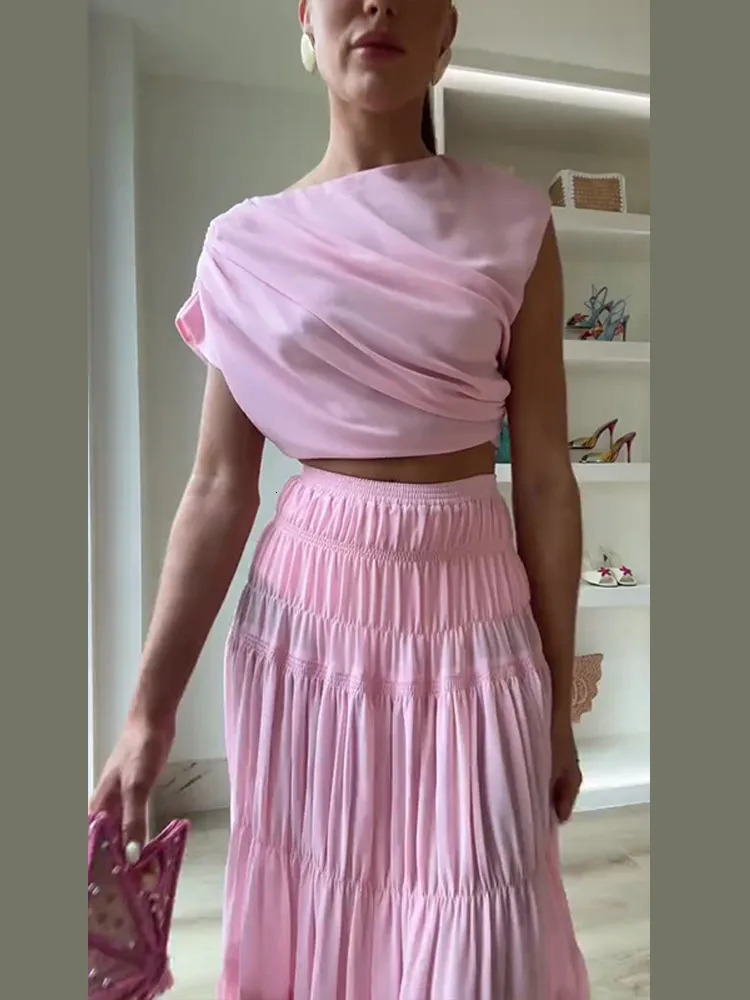 Women Two Piece Set Solid Beach Oblique Shoulder Skirt Strapless Crop Top Ruffles Suit Summer Female Outfits 250515