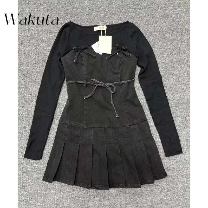 Japanese Summer Elegant U-neck Long Sleeve Slim Fit Blouse Chic Denim Camisole Dress Retro 2-piece Set