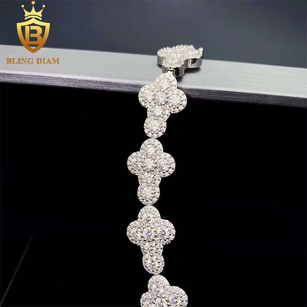 Wholesale Price Jewelry 925 Sterling Silver VVS Moissanite Cuban Link Chain Flower Cross Bracelet 10mm 13mm