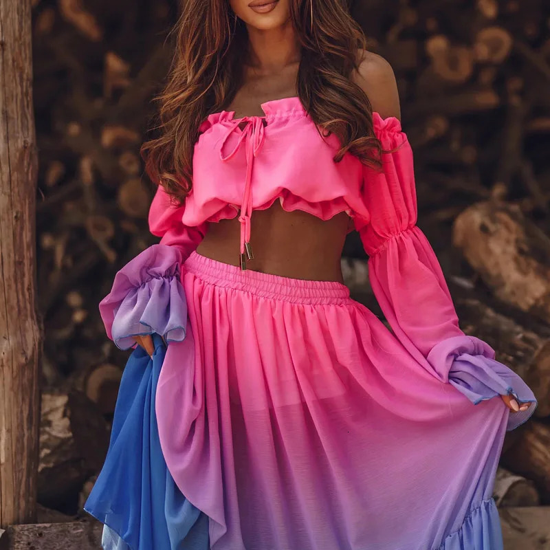 Autumn Chic Sexy Off Shoulder Ruffle Blouse Slit Long Skirt Women Suit Vintage Colorful Print Two Piece Set Lady Elegant Outfiit 250515