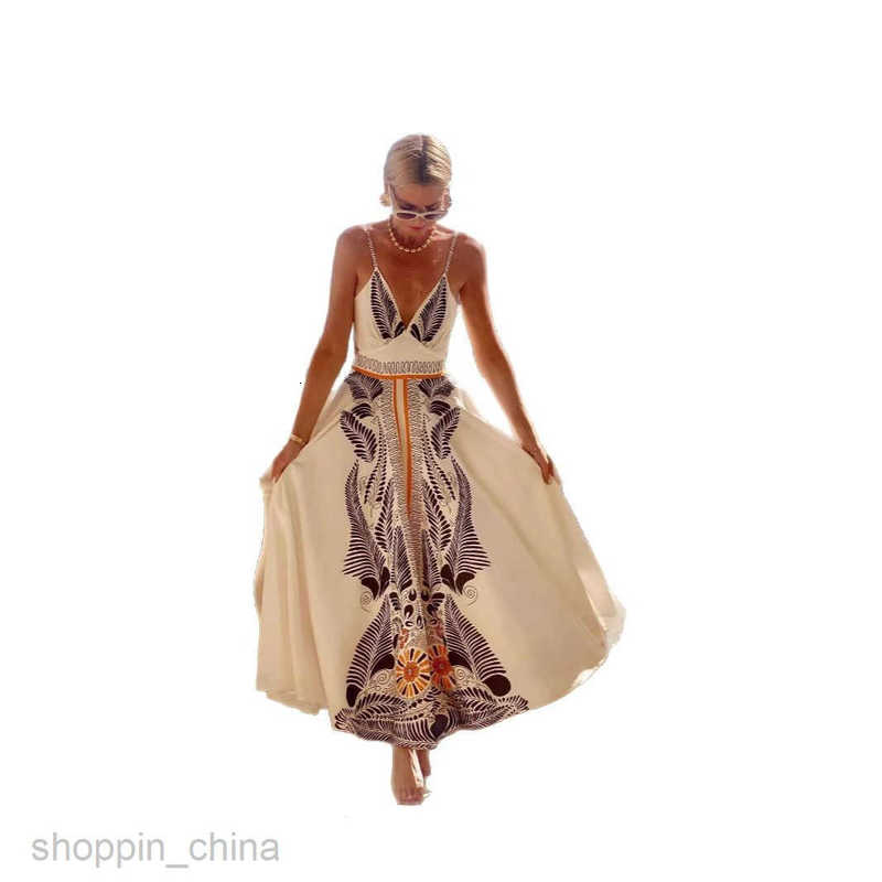 Women Dresses summer new backless lace up long dress with printed V-neck elegant dress