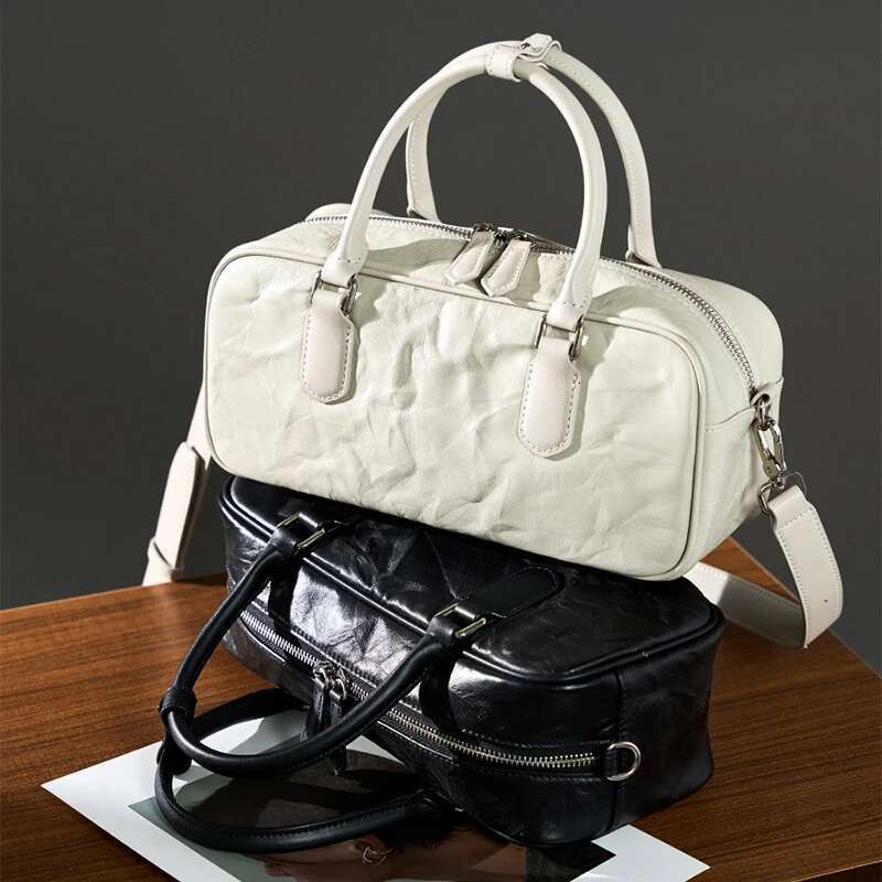 Genuine Leather White Handbag New Women's Bowling Niche Brand Designer Soft Commuting High-End Underarm Crossbody Bag