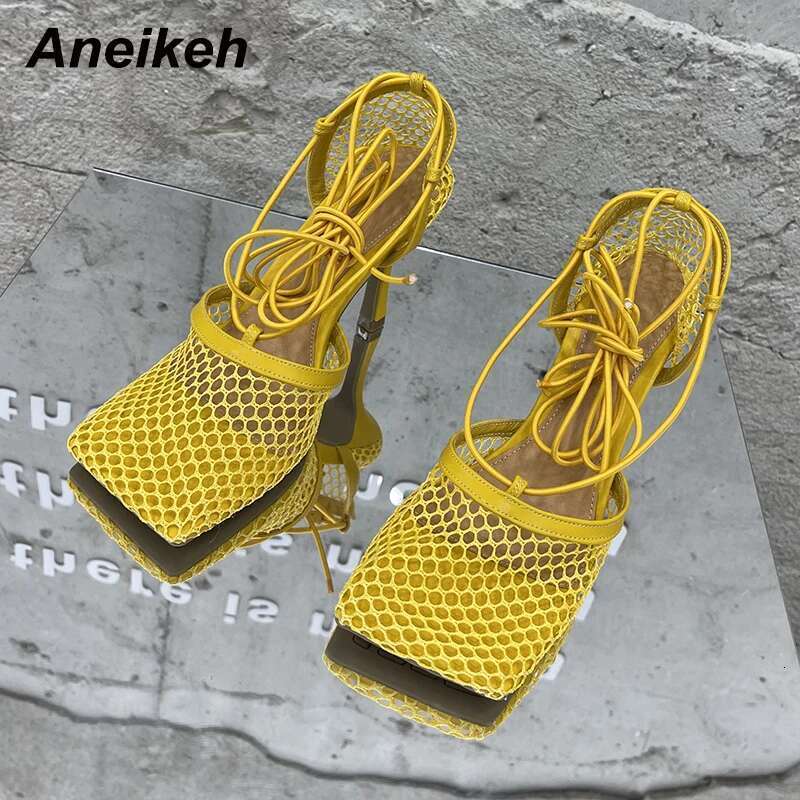 Aneikeh 2025 Summer Sexy Mesh Pumps Sandals Female Square Toe High Heel Lace Up Cross-Tied Stiletto Hollow Dress Party Shoes