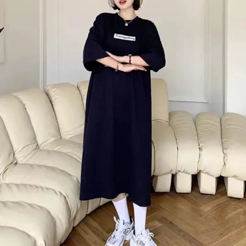 Plus Size Long T-Shirt Dress For Women Korean Chic Loose Pullover Casual Vintage Streetwear O-Neck Short Sleeve Straight Dress 250509