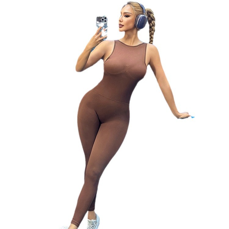 Stylish Womens Fitness Trousers Set: European-American Design Elastic Sportwear Jumpsuit Featuring Bust Support and Lifted Hips