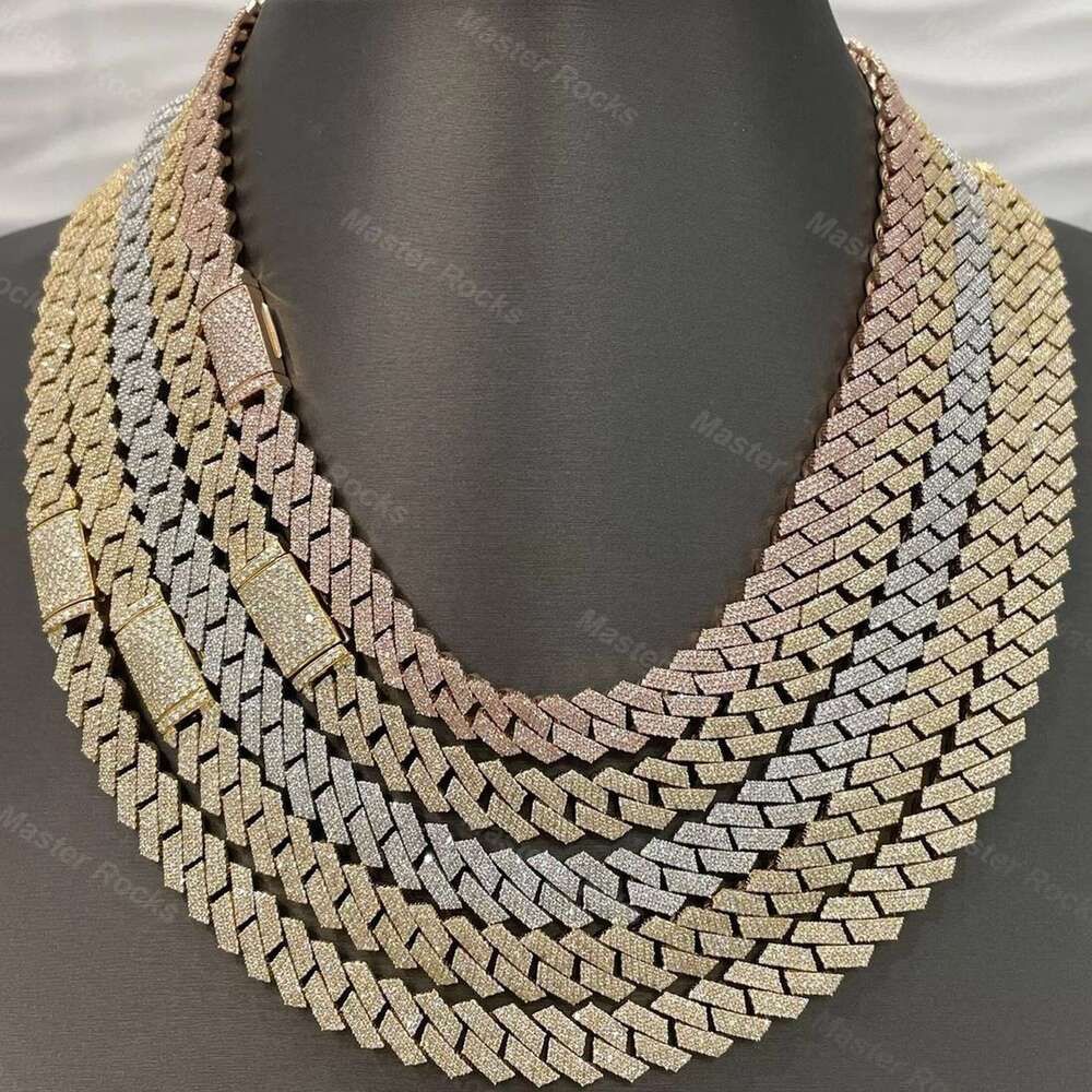 High quality pure sier necklace 15mm 3 rows hip-hop Miami Cuban chain VVS silica