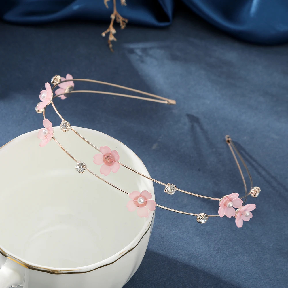 AWAYTR Double Layer Metal Hairband Flower Pearl Headband for Women Headwear Shiny Rhinestone Hair Band Hoop Hair Accessories 250509