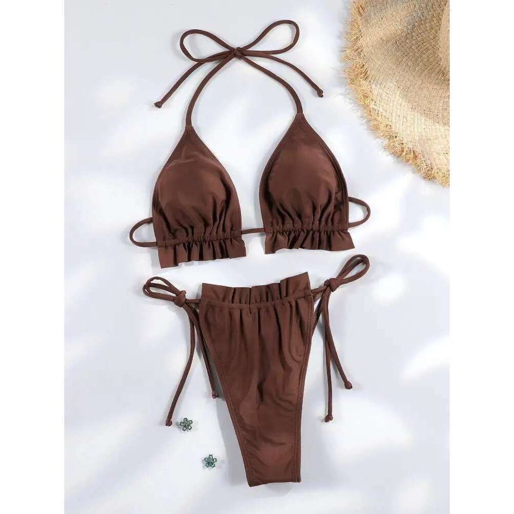 Rinabe Solid Color Bikinis 2025 Swimsuits For Women Pleated Biquini Push Up Sexy Swimwear Bandage Bathing Suit Summer Beachwear