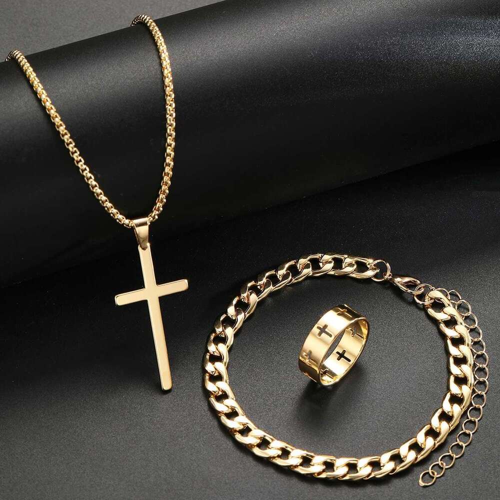 3 Pcs Men's Stainless Steel Jewelry Sets Gothic Hip Hop Style With Cross Pendant Necklace Ring Bracelet Set Fashion Simple Gifts