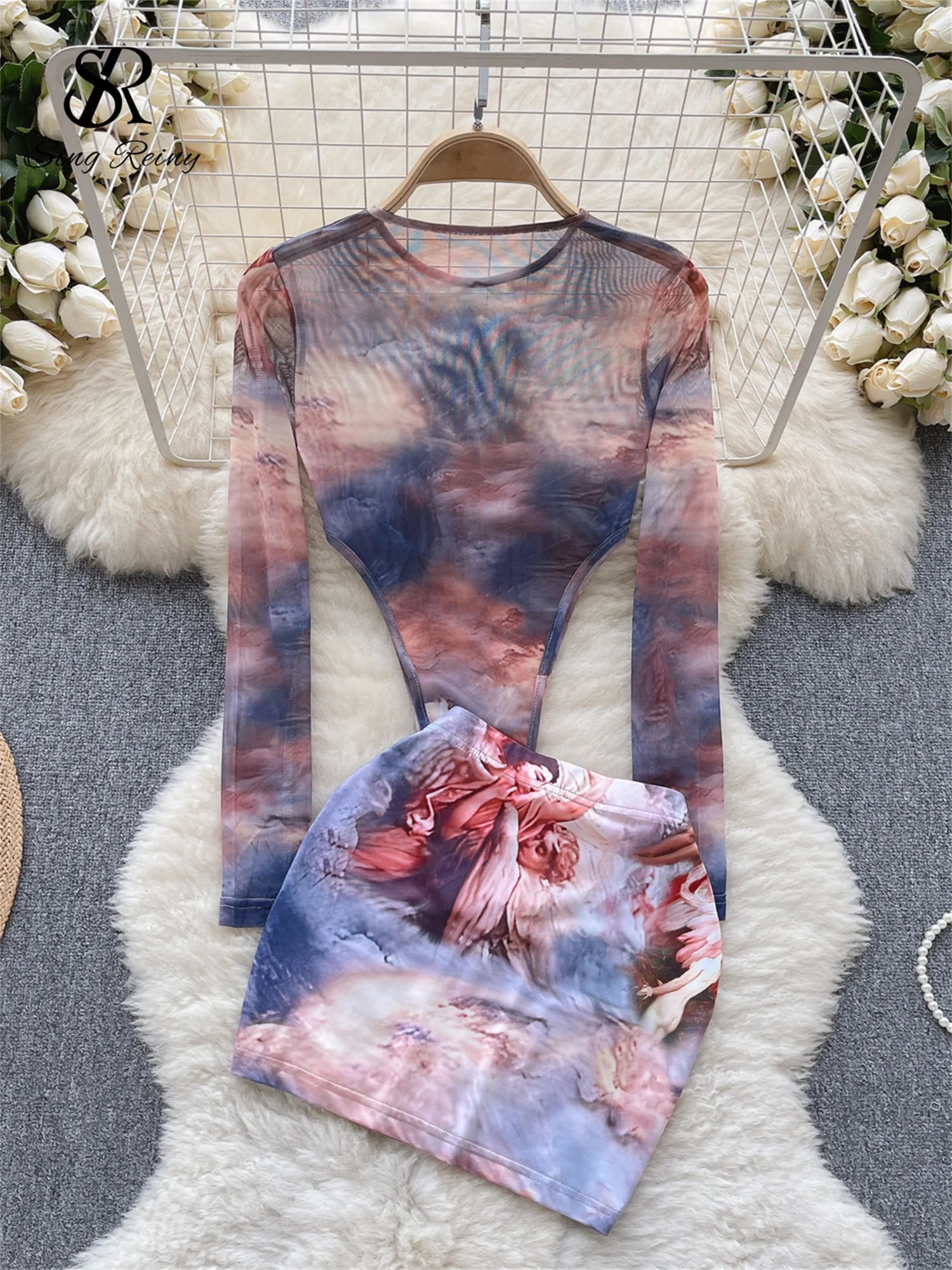 SINGREINY Fashion sweet Two Pieces Suits O Neck Long Sleeved Transparent BodySuit Top Skinny Mini Skirt Tie Dye Print Sets 250515