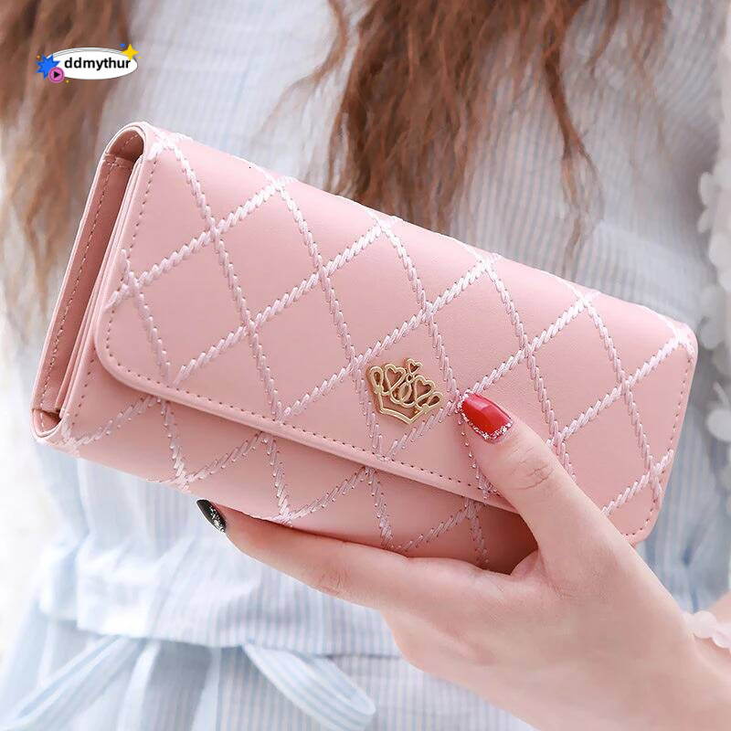 Women's PU Leather Long Wallet - Dia Pattern Clutch with Crown Buckle, Phone Bag & Card Holder, Fashion Ladies Purse ddmythur