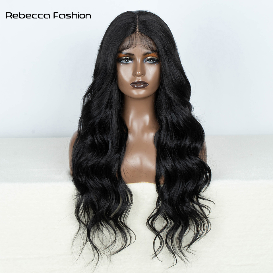 Rebecca Fashion Synthetic Front With Baby Hair Body Wavy Wigs For Women 28 Inch Ombre Brown Higlight Cosplay Lace Wig