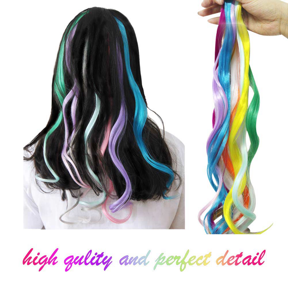 LeeWin 20" 22Pcs Single Color Party Highlights Clip in Hair Extensions Multi-Colors Hair Streak Synthetic Hairpieces 20 Colors in Set Curly Wavy