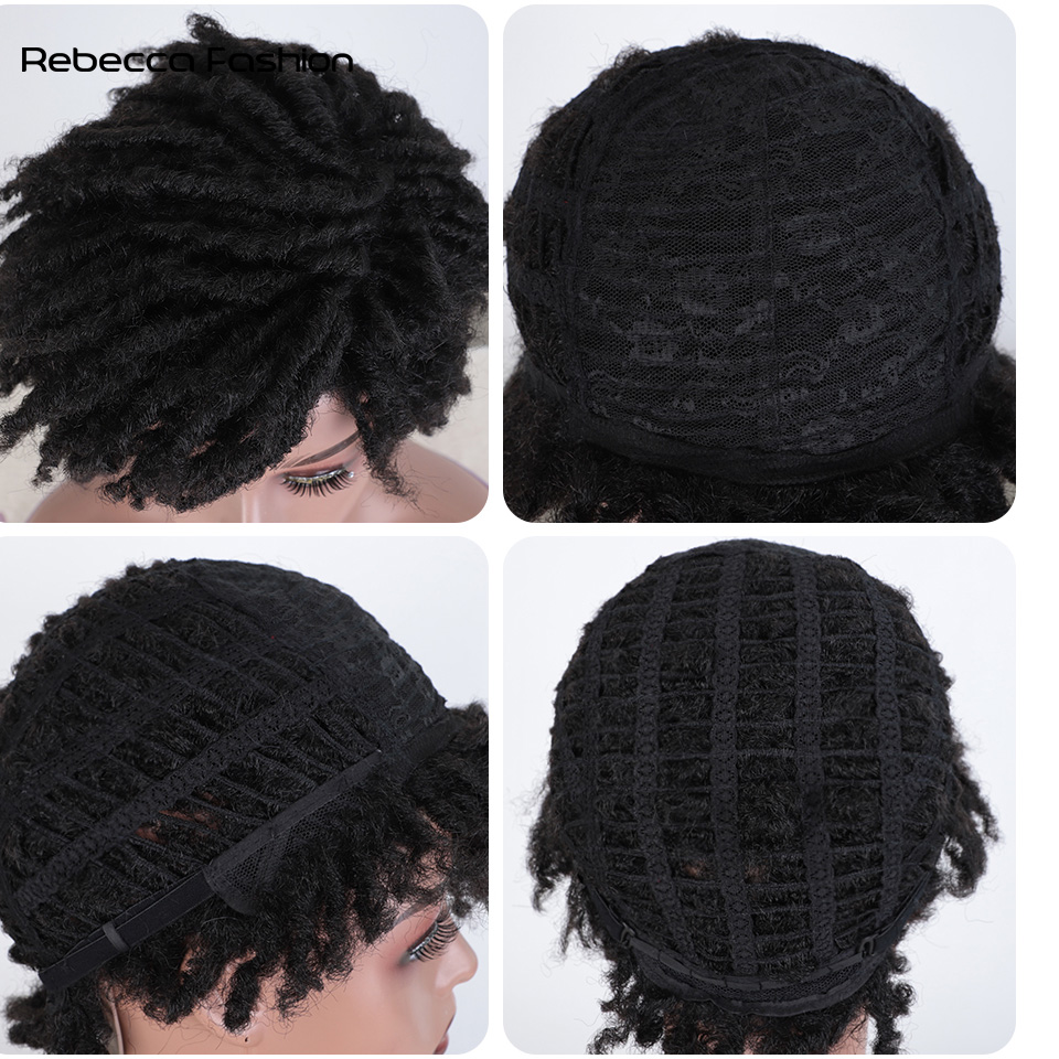 Rebecca Fashion Afro Kinky Curly Synthetic Short Dreadlock With Bangs Black Ombre Red Crochet Wig for Black Women