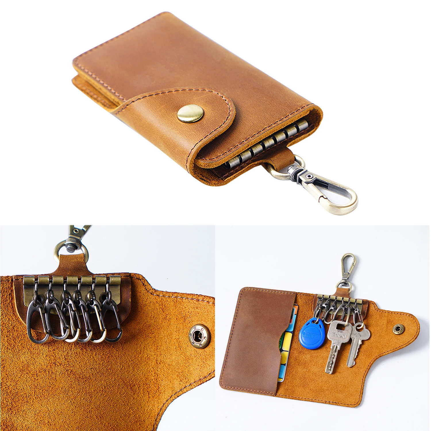 Multi-functional Leather Waist Key Pouch Organizer with Card Holder Snap Button Wallet 250515