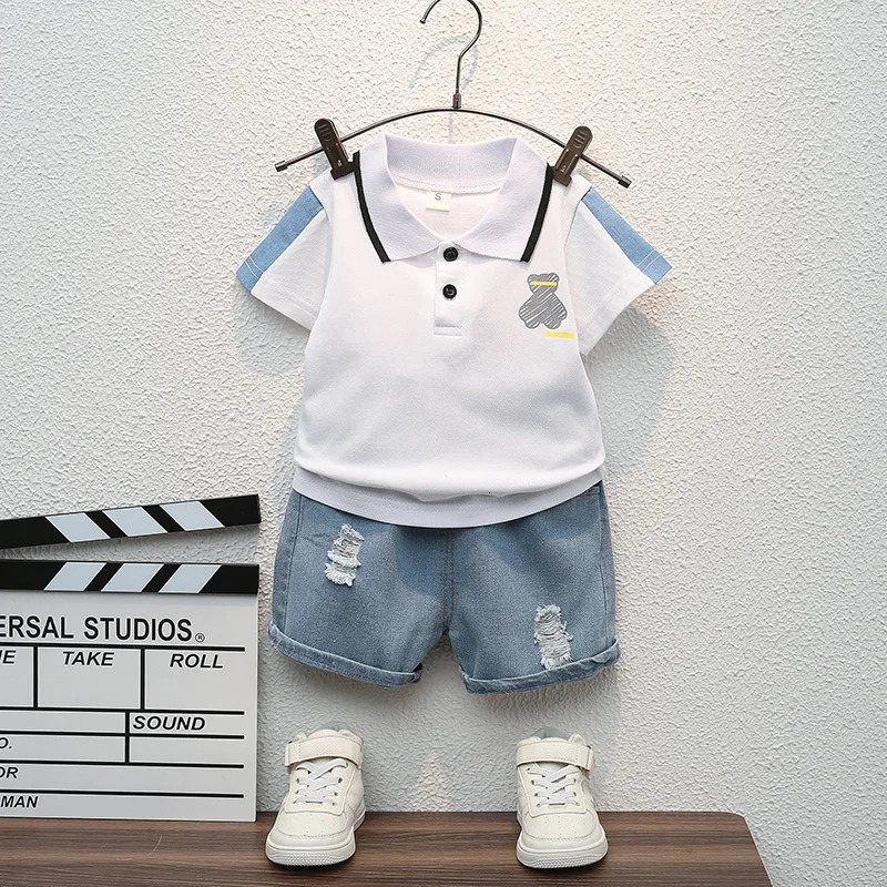 Children Summer Fashion Baby Boys Clothes Cartoon Bear T-shirt Denim Shorts 2pcs/sets Kids Outfits Costume Casual Sports Suit 250515