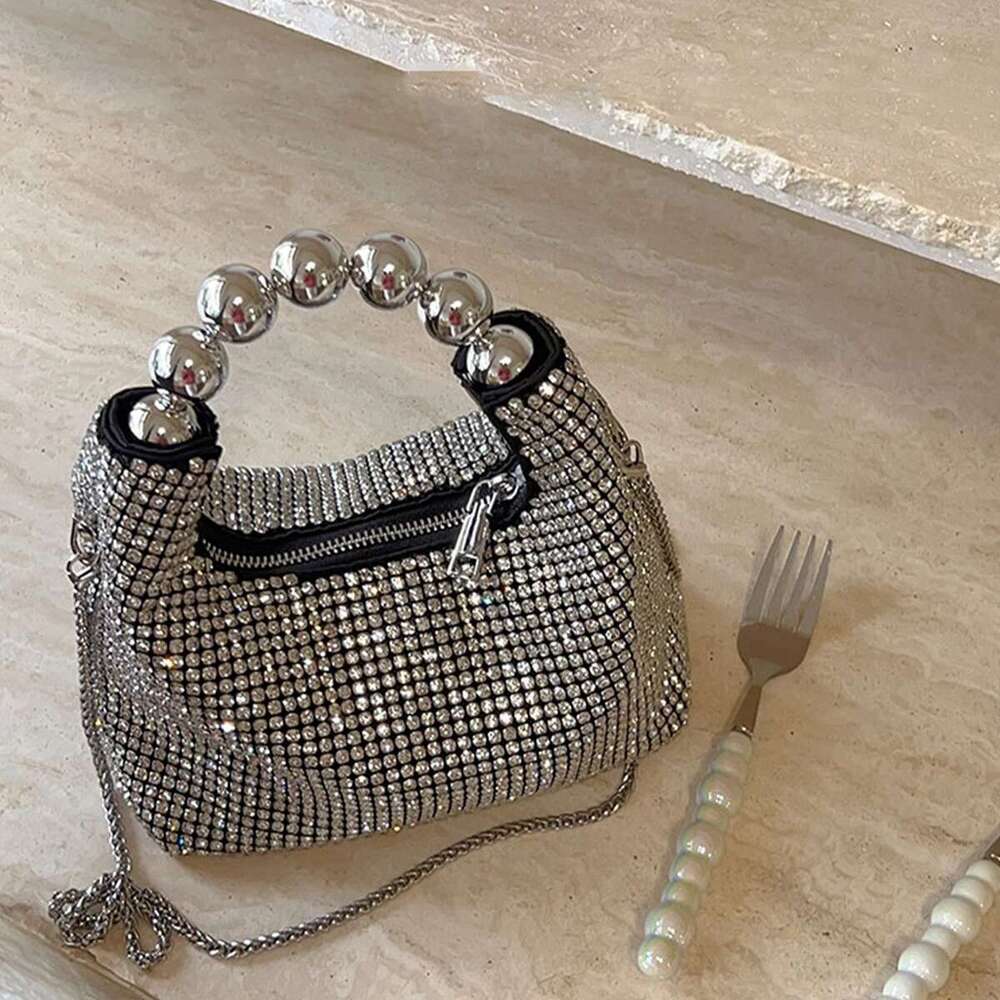 JIOMAY Fashion Steel Ball Handle Tote Exquisite Rhinestone Shoulder Designer Bags Purses For Women Makeup Bag