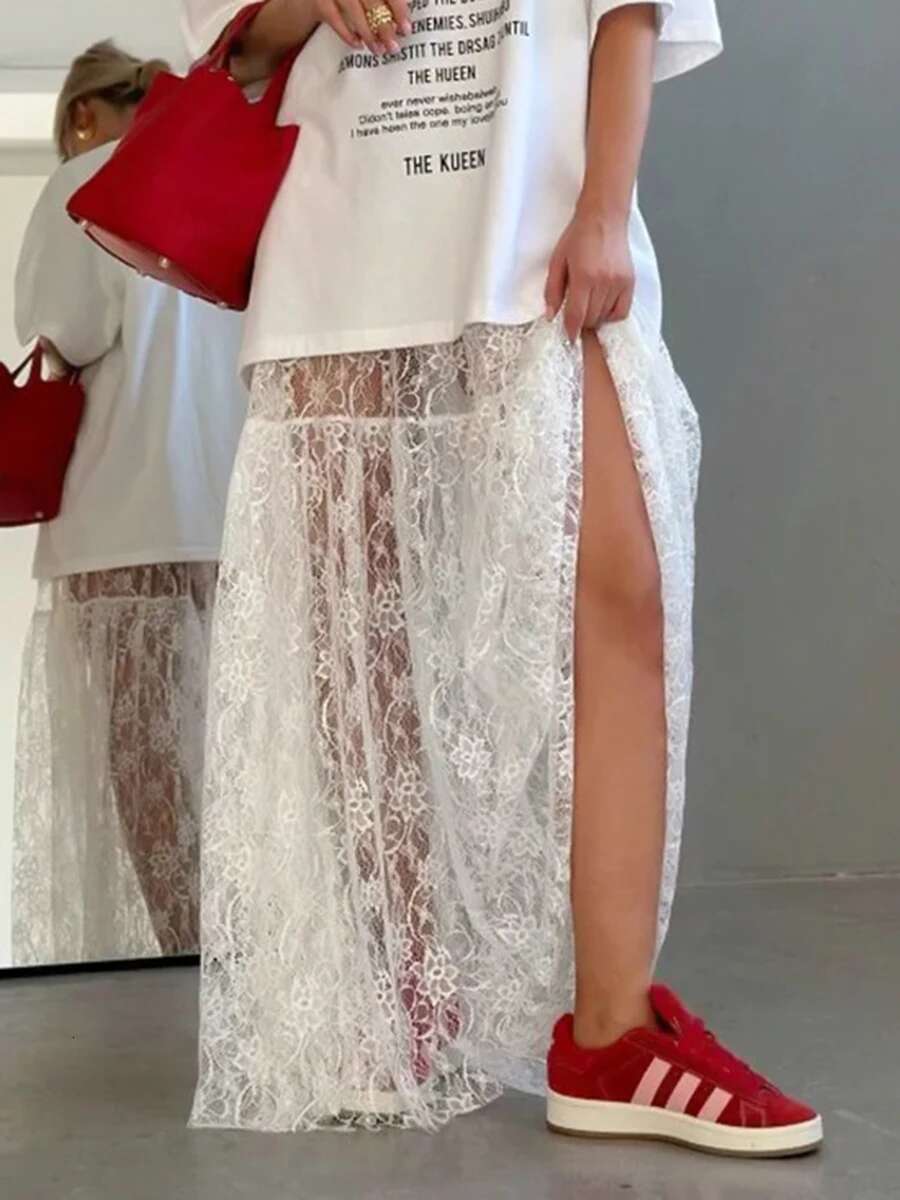 Lace Jacquard Transperant Women Summer New High Waist Sexy Casual Long Skirts 2025 Streetwear Fashion White Maxi Skirt