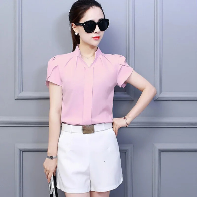 Summer Blouse Women Office Ladies Chiffon White Shirt Short Sleeve elegant Tops Casual Overalls Female Clothing 250514