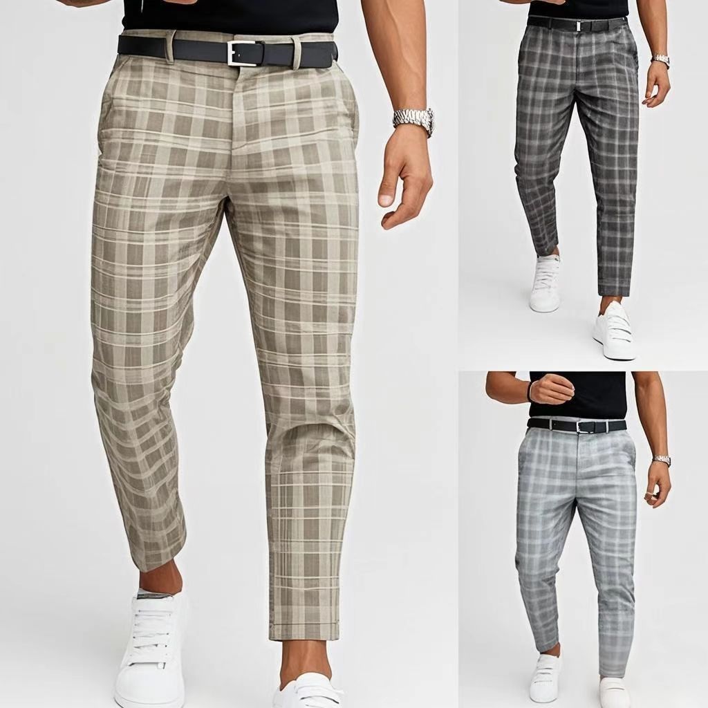 Men's casual checkered print mid rise tailored trousers with slight elasticity