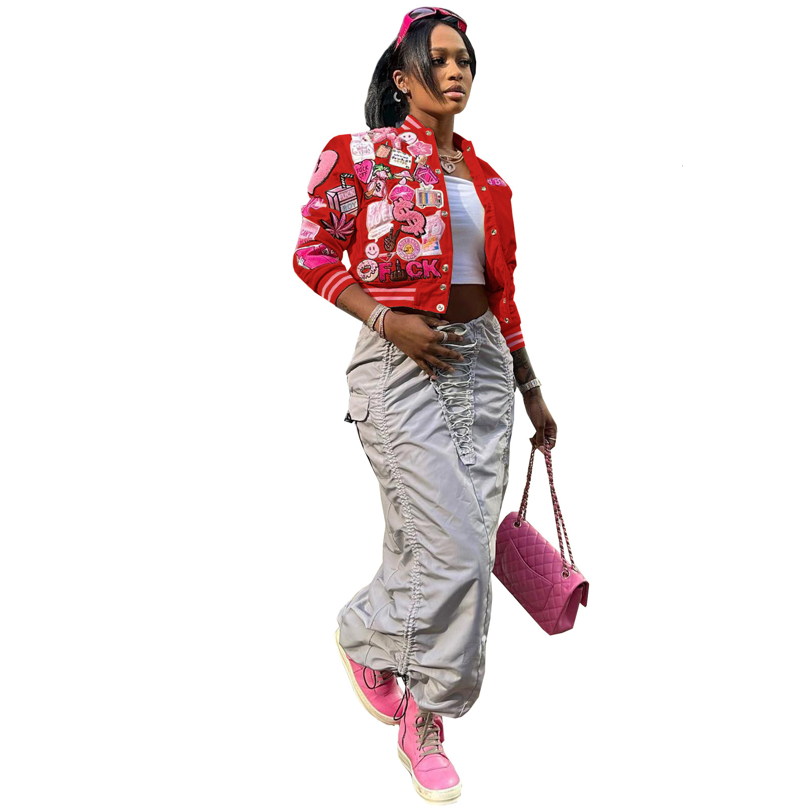 HR23012 Womens fashion printed baseball jacket
