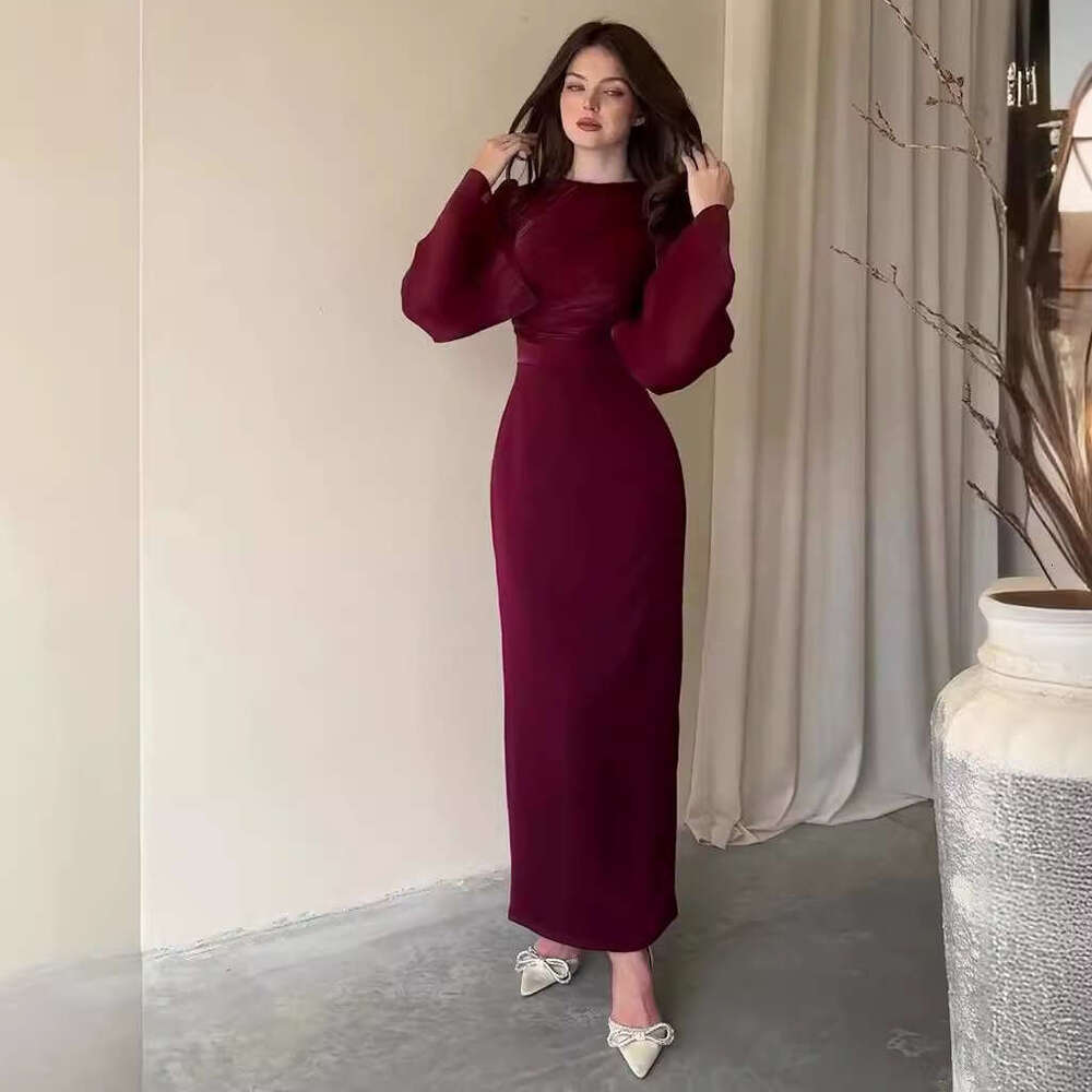 2024 Solid Color Simple Waist Sexy Bag Hip Skirt Long Sleeve Wrinkle Elegant High End Dress