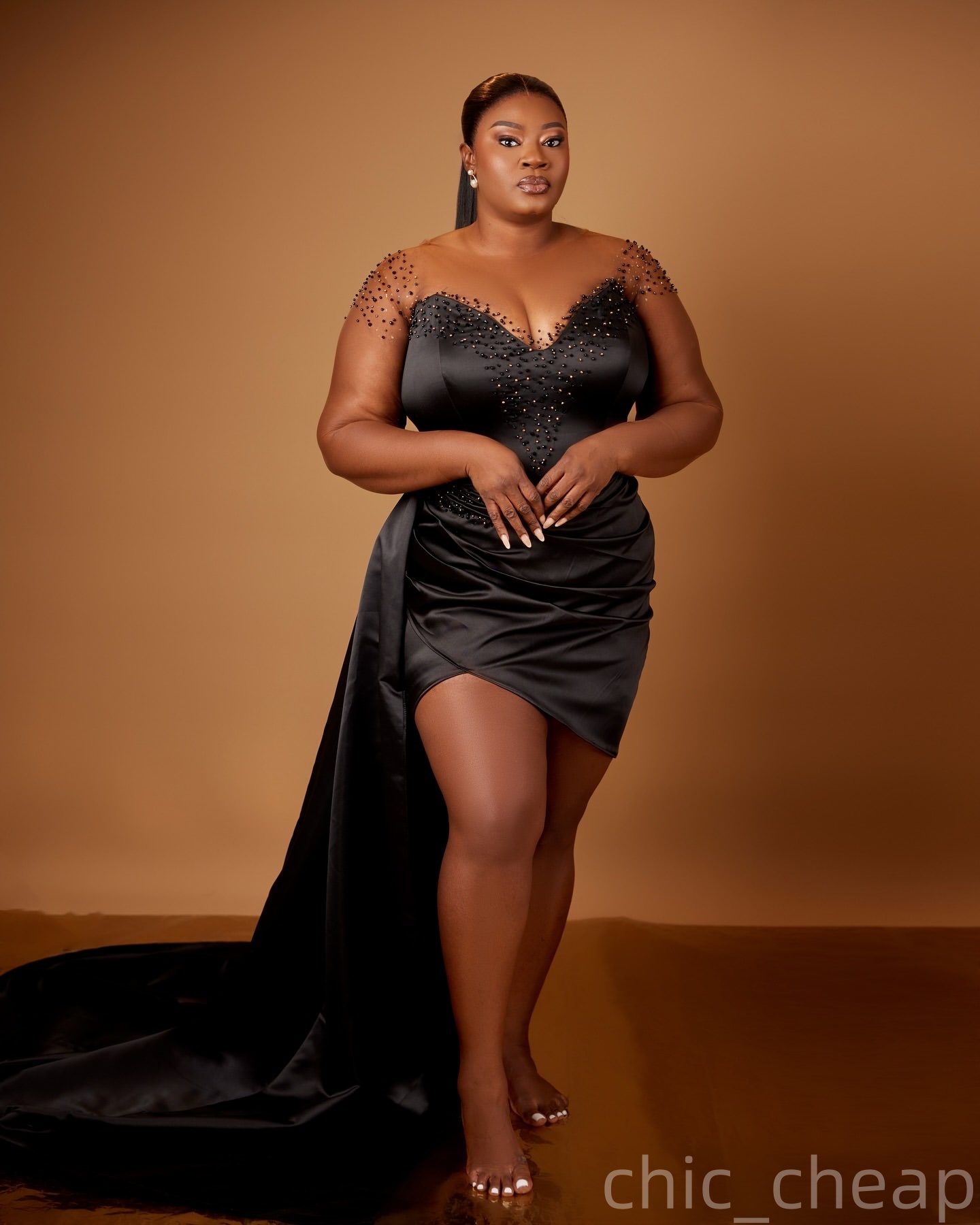 Sheath Black Plus Size Prom Dresses 2025 Beaded Short Satin Full Sleeves Evening Formal Party Second Birthday Engagement Gowns Dress For Special Occas