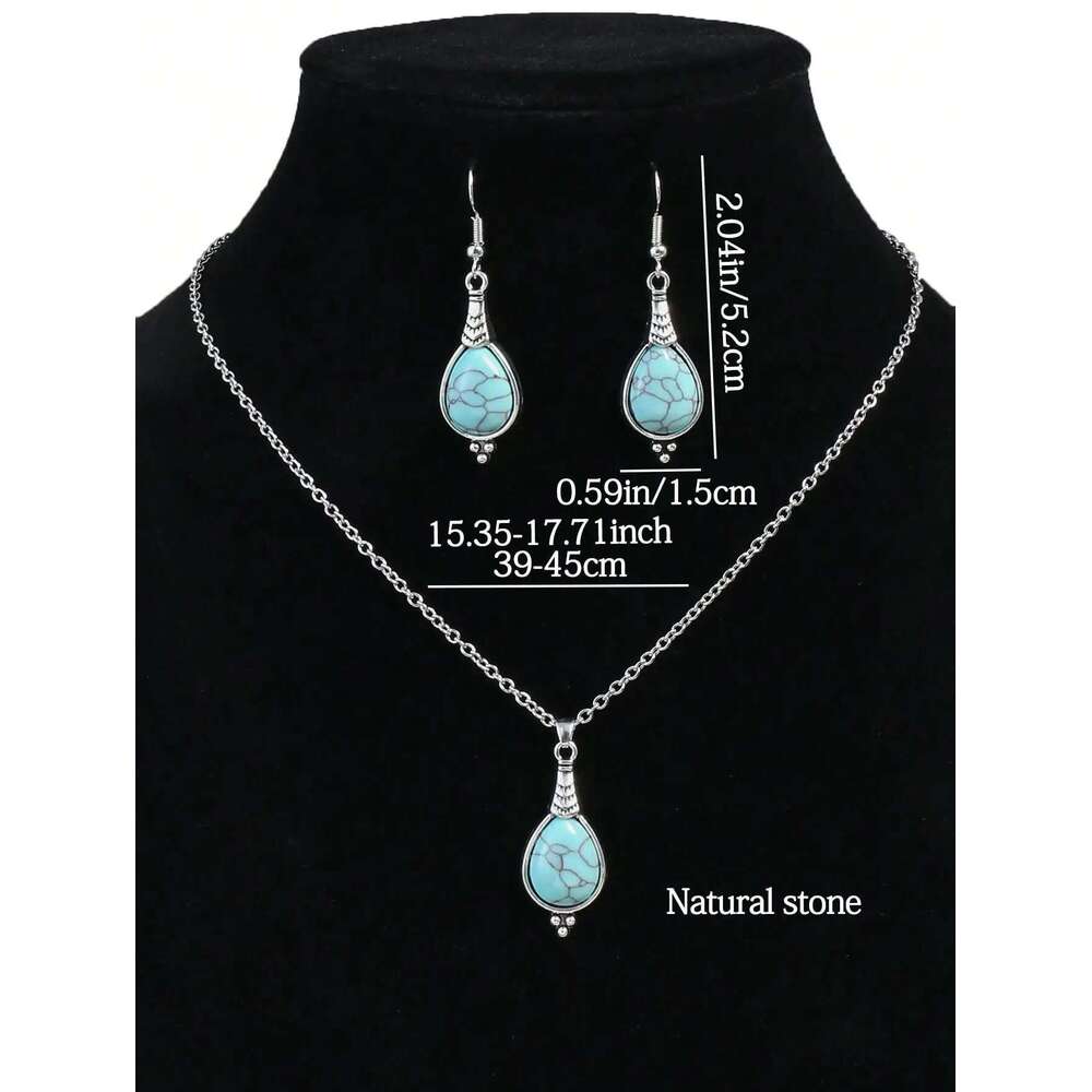 Bohemian Holiday Style Jewelry Set Women's Water Droplet Stone Inlaid Classic Simple Earrings Short Necklace