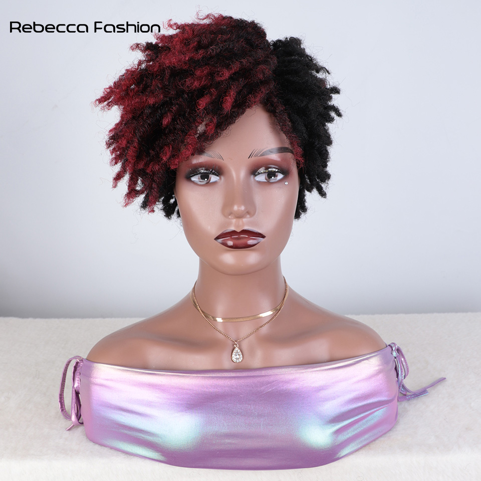 Rebecca Fashion 10 Inches Synthetic Afro Kinky Curly Short Dreadlock With Bangs Ombre Blonde Crochet Wig for Black Women