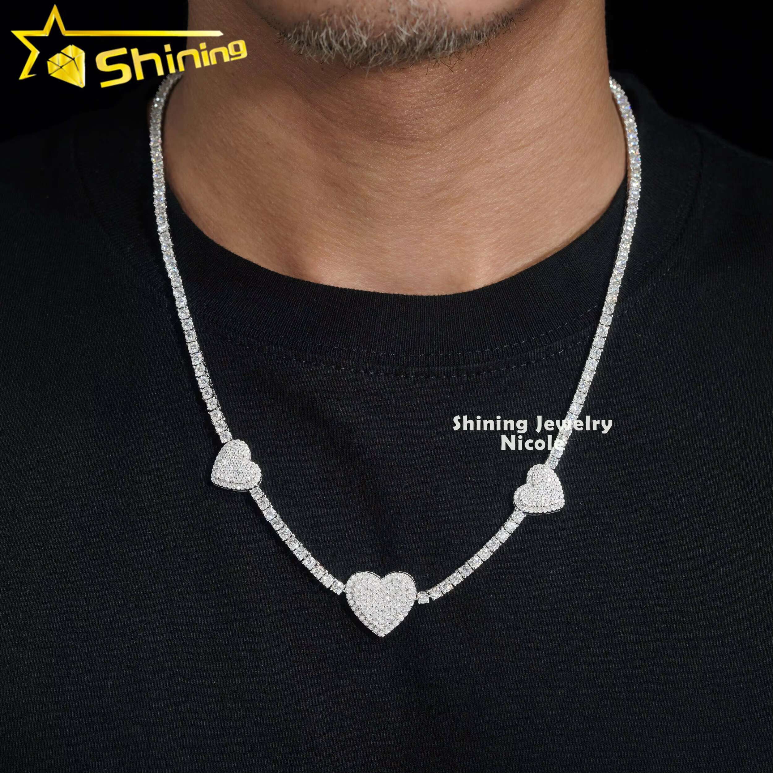 New Design Silver 925 VVS Diamond Moissanite 3MM Iced Out Heart Tennis Chain Necklace