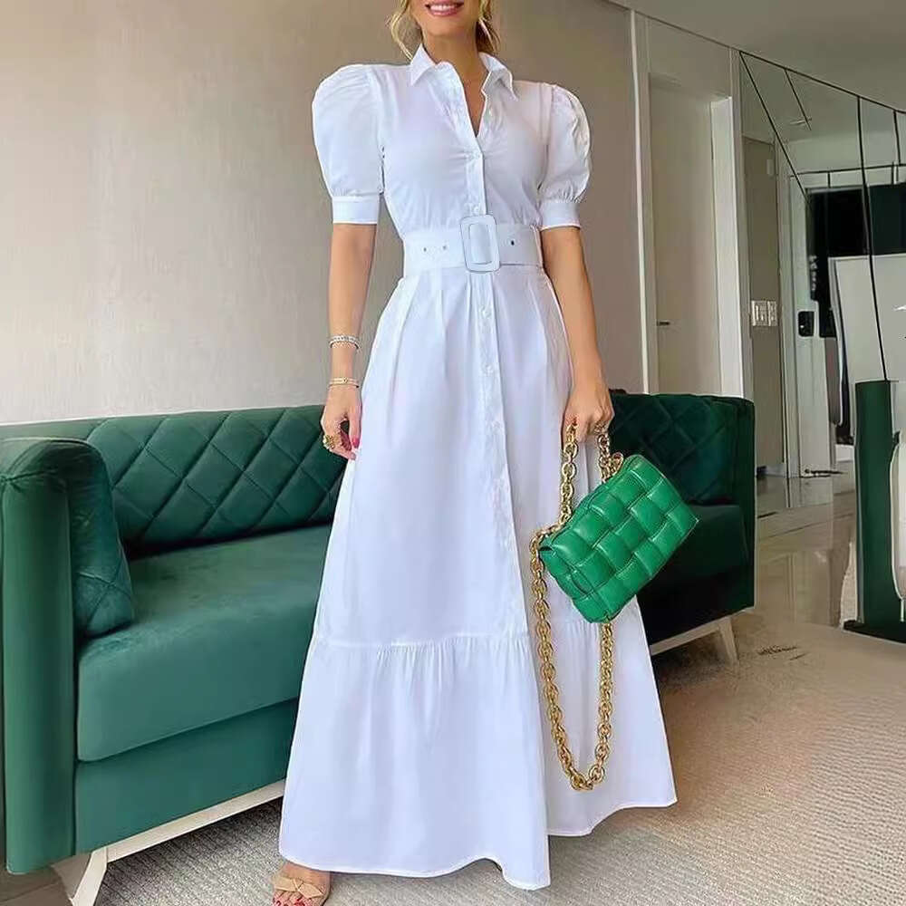 White Dress Maxi Dress 516 # New Style Commuting Long Short Sleeved Large Hem Dress With Belt KQ