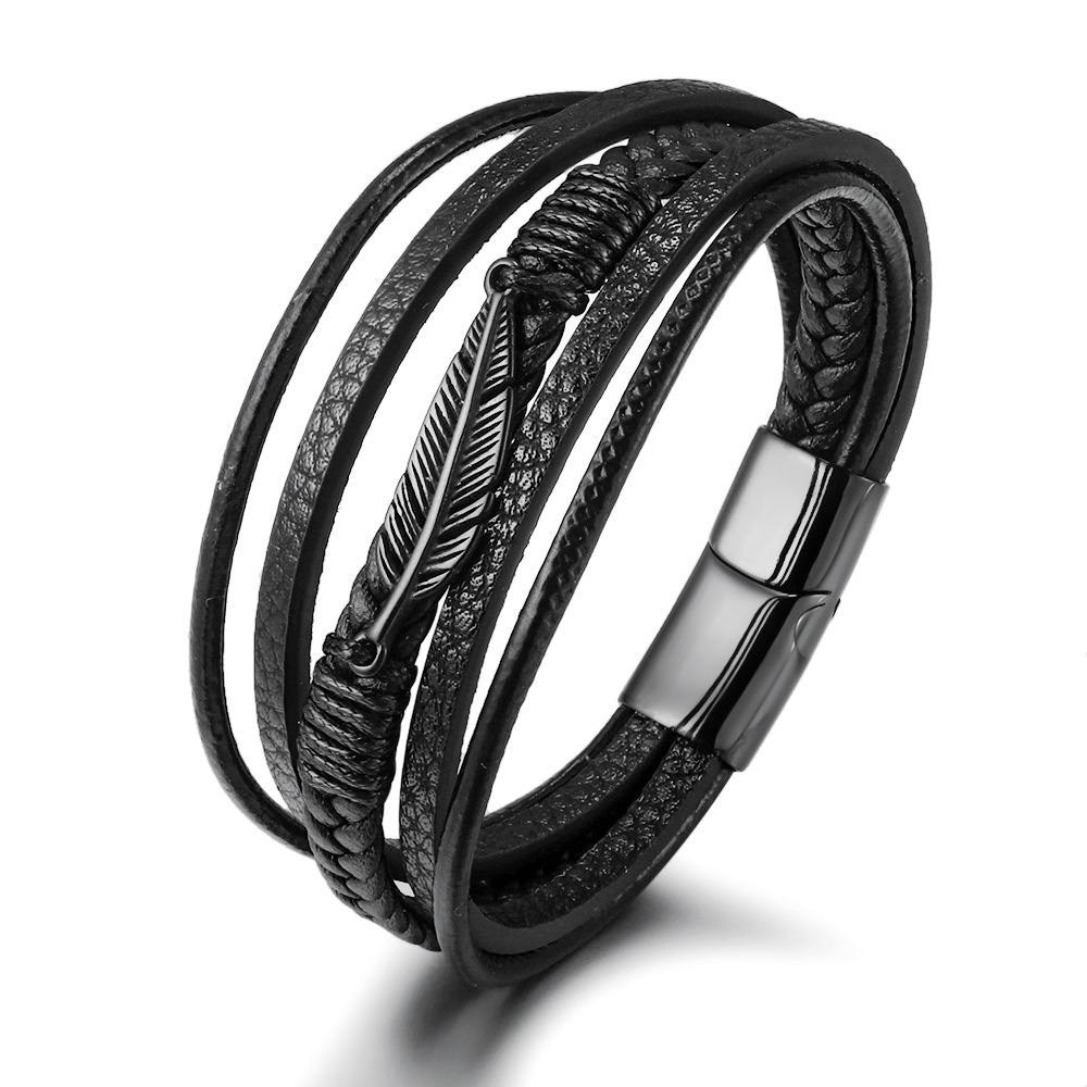 Amazon Europe Stainless Steel Feather Bracelet for Men, Multi-layer Leather Braided Design with Titanium Magnetic Clasp