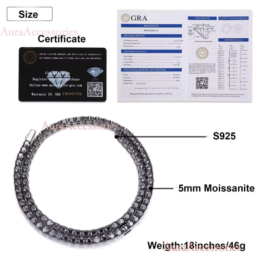 Kolye Unique Design 5mm Black VVS Moissanite DIa Tennis Chain GRA Certificate S Sier Men Jewelry Necklace for Man